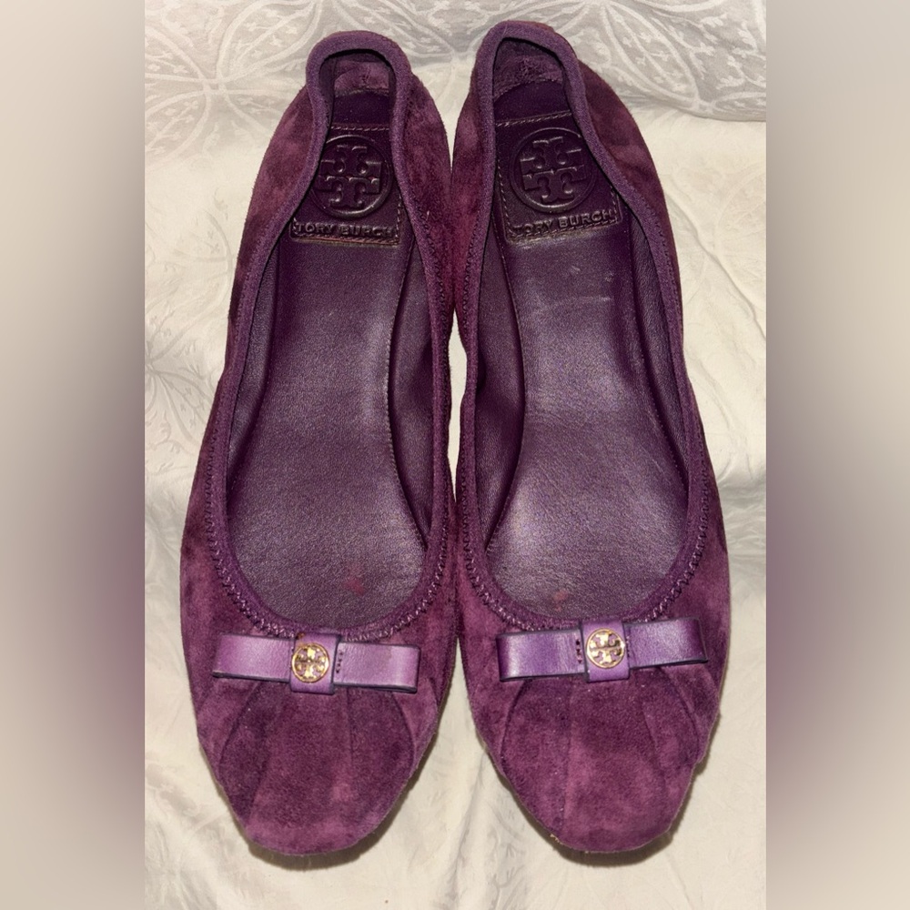 Tory Burch Wild Plum Suede Bow Ballet Flats Sz 7.5